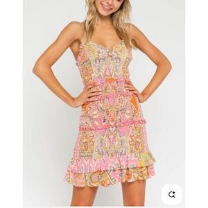 Olivaceous Paisley Print‎ Mini Dress Ruffle Trim Spaghetti Strap Summer